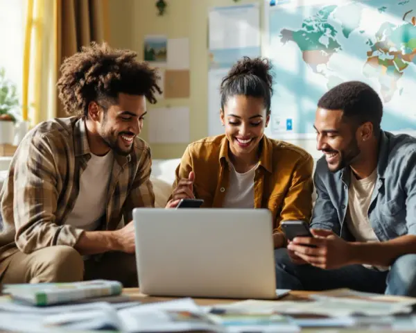 Trois jeunes adultes souriants regardent un ordinateur portable sur un canapé, une carte du monde au mur.