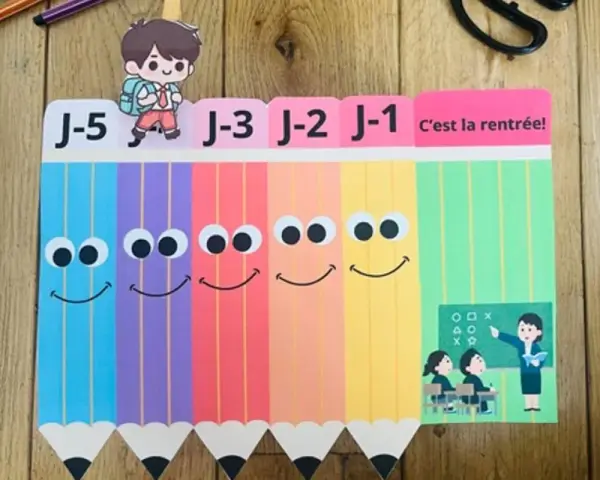 Illustration de crayons colorés souriants avec des étiquettes "J-5" à "J-1" et "C'est la rentrée!".