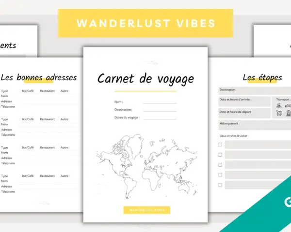 Ensemble de fiches pour une fiche organisation voyage : hébergements, bonnes adresses, carnet de voyage, étapes et budget.