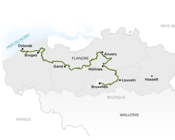 Carte de la Flandre avec un itinéraire vert reliant Ostende, Bruges, Gand, Malines, Anvers, Bruxelles, Louvain et Hasselt.