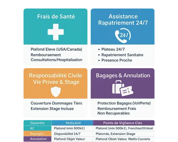 Tableau récapitulatif des garanties d'assurance voyage scolaire : frais de santé, rapatriement, responsabilité civile, bagages et annulation.