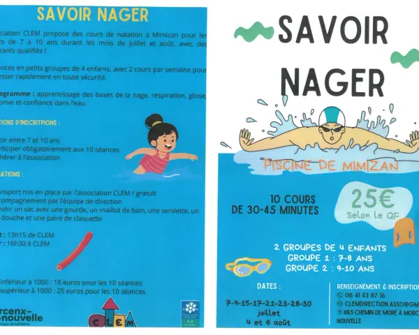 Affiche pour des cours de natation "Savoir Nager" pour enfants de 7 à 10 ans à Mimizan. Le programme inclut un diplôme de natation scolaire.