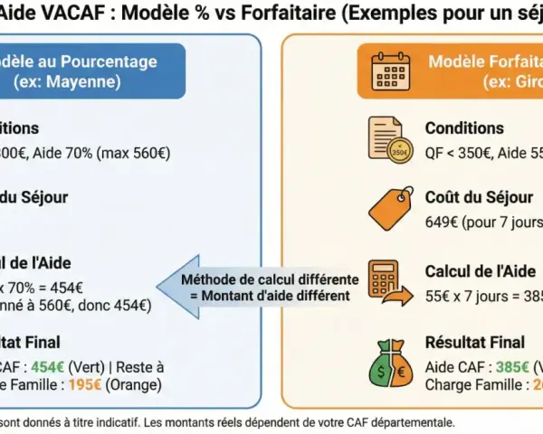 Comparaison des aides VACAF : modèle au pourcentage vs forfaitaire pour un **budget voyage** de 649€. Calculs et résultats pour deux départements.