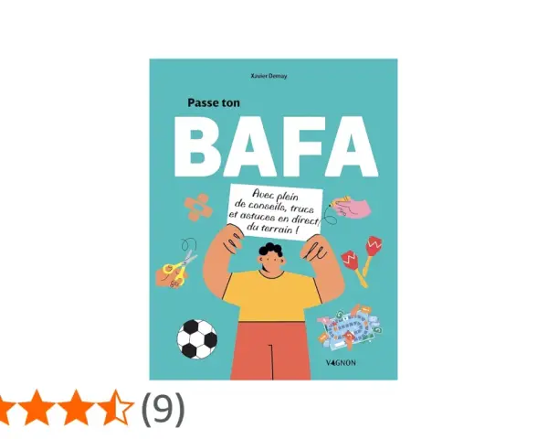 Illustration d'une couverture de livre "Passe ton BAFA" avec un personnage tenant une pancarte et des icônes d'activités.
