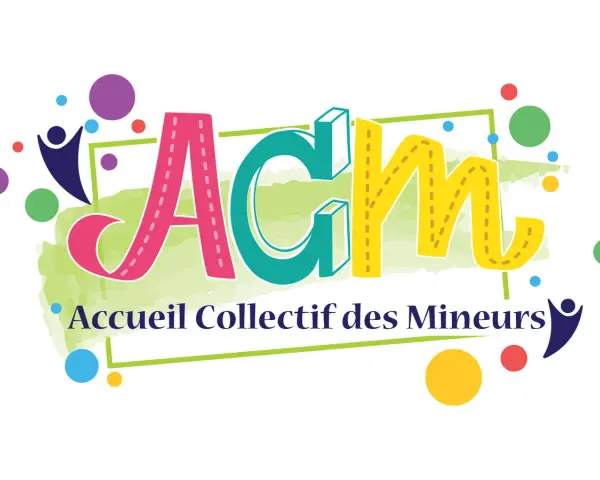 Logo coloré pour l'ACM (Accueil Collectif des Mineurs) avec des bulles et des silhouettes joyeuses.