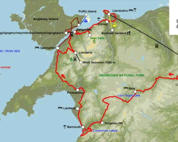 Carte d'un itinéraire de séjour au Pays de Galles, traversant Snowdonia, Anglesey et la côte.