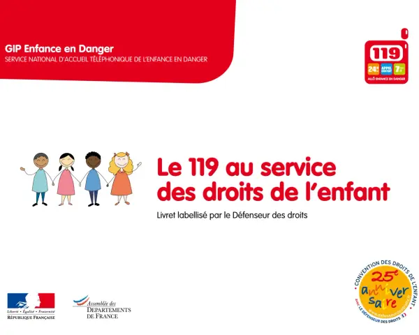 Dessin d'enfants de différentes origines se tenant la main, avec le numéro 119 et le texte "Le 119 au service des droits de l'enfant".