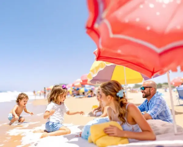 Famille souriante sur une plage ensoleillée, sous des parasols colorés, avec des enfants jouant dans l'eau.