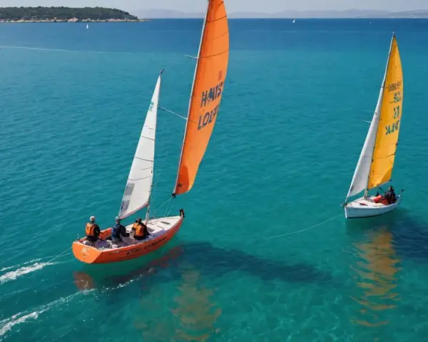 Deux voiliers naviguent sur une mer turquoise, l'un avec une voile orange, l'autre jaune.