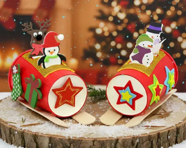 Deux traîneaux de Noël en carton décorés de pingouins, bonhommes de neige et rennes, sur un fond festif.