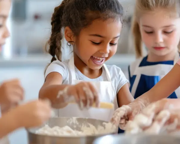 Des enfants joyeux préparent une recette dans des tabliers, les mains couvertes de farine.