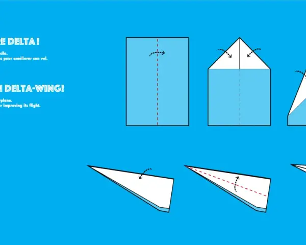 Illustration montrant les étapes de pliage d'un avion en papier, avec un avion terminé.