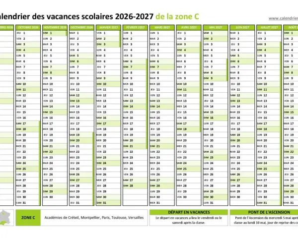 Calendrier des vacances scolaires 2026-2027 pour la zone C. Idéal pour planifier vos vacances scolaires en Haute-Garonne.