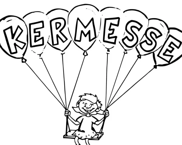 Dessin d'une joyeuse enfant sur une balançoire, portée par des ballons formant le mot "KERMESSE".