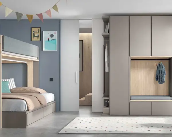Lit superposé moderne avec rangements intégrés dans une chambre d'enfant lumineuse.