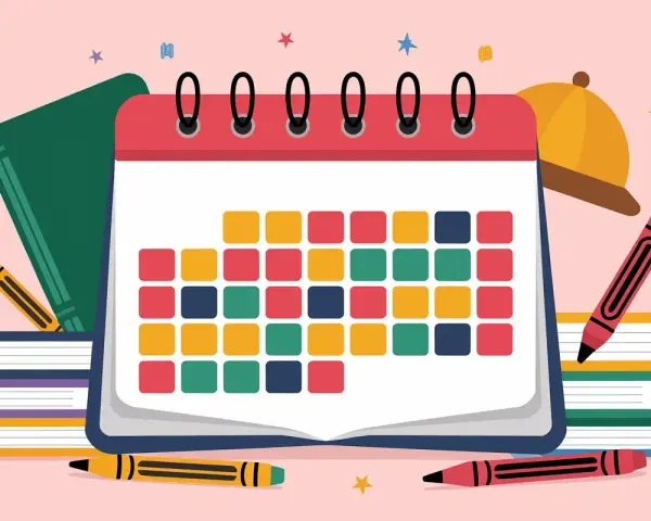 Un calendrier scolaire coloré avec des livres, des crayons et un chapeau.