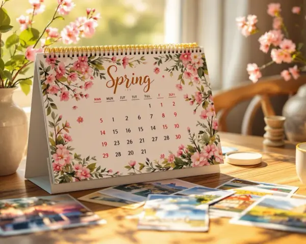 Calendrier de printemps décoré de fleurs roses, avec des photos et une tasse de café.