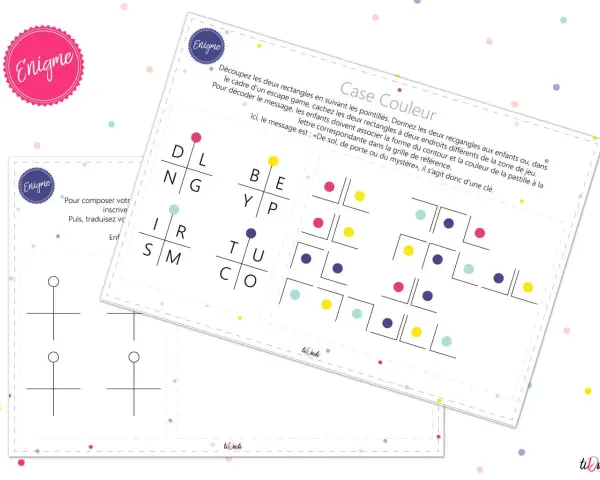 Une énigme pour faire deviner un mot, avec des lettres, des formes et des couleurs à associer.