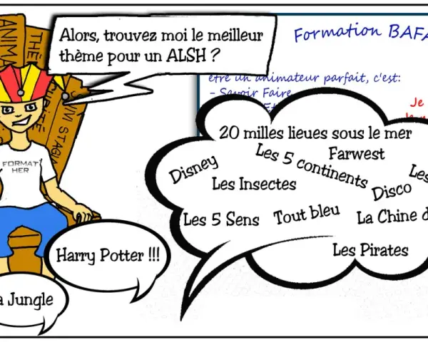 Dessin d'un animateur sur un trône, entouré de bulles de thèmes pour ALSH et de règles de vie.