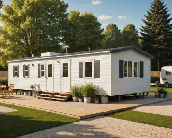 Maison mobile blanche avec terrasse en bois, table et chaises, dans un camping verdoyant.