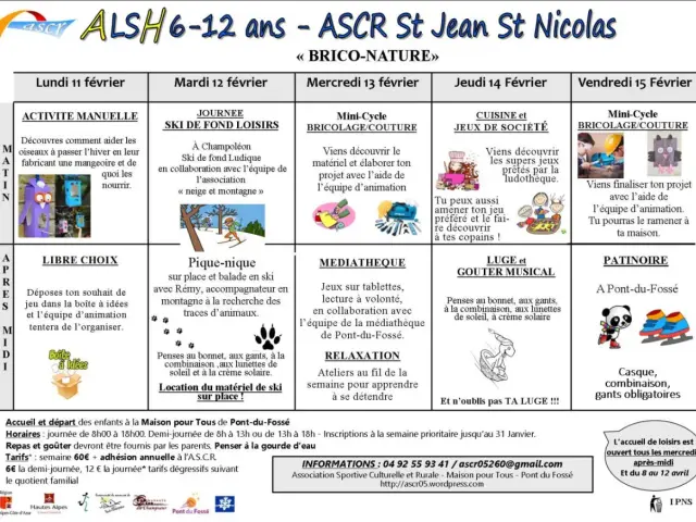 Programme d'activités pour un centre de loisirs : bricolage, ski, jeux, patinoire. Thème "Brico-Nature".