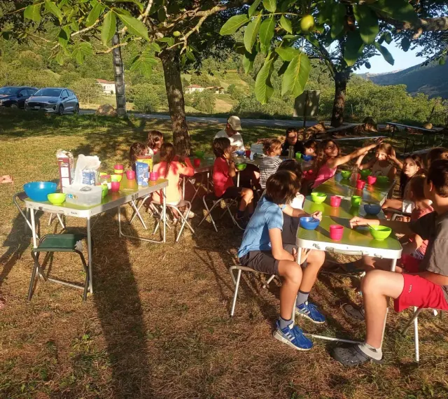 Des enfants joyeux participent à un projet d'animation en plein air, partageant un repas sous les arbres.