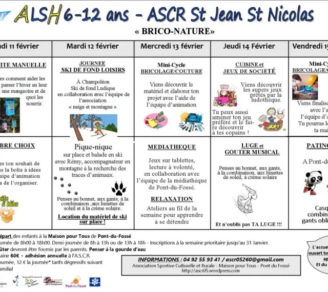 Programme d'activités pour un centre de loisirs : bricolage, ski, jeux, patinoire. Thème "Brico-Nature".