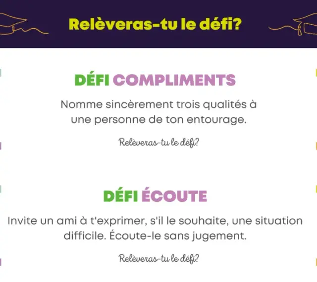 Une idée de projet d'animation : des défis pour cultiver les compliments et l'écoute active, avec des visuels ludiques et des éléments à découper.