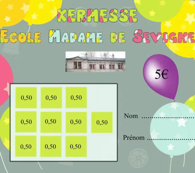 Carte à tamponner pour la kermesse de l'école Madame de Sévigné. Chaque case coûte 0,50€.