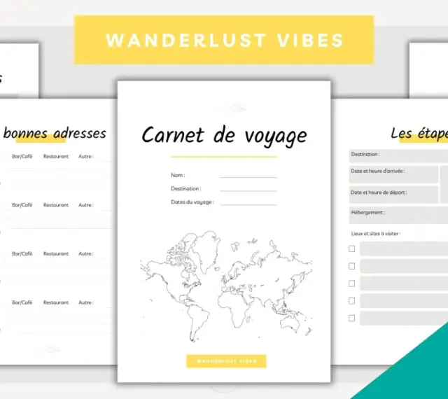 Ensemble de fiches pour une fiche organisation voyage : hébergements, bonnes adresses, carnet de voyage, étapes et budget.
