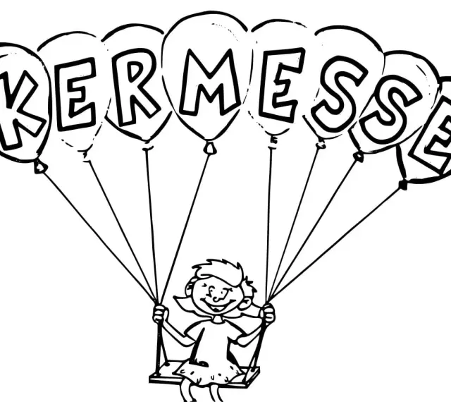 Dessin d'une joyeuse enfant sur une balançoire, portée par des ballons formant le mot "KERMESSE".