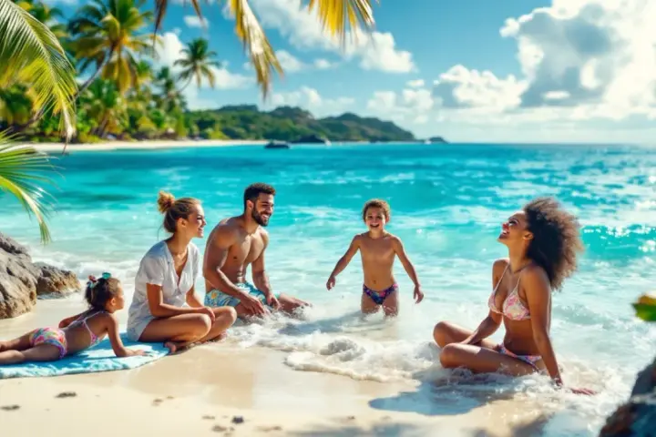 Famille profitant d'un voyage mer paradisiaque, rires et soleil sur une plage tropicale aux eaux turquoise.