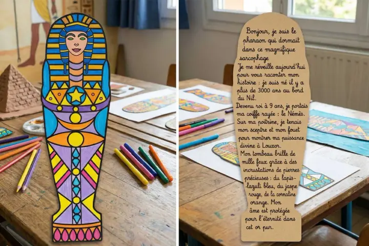 Sarcophage égyptien coloré et texte sur papyrus, sur une table avec des feutres.