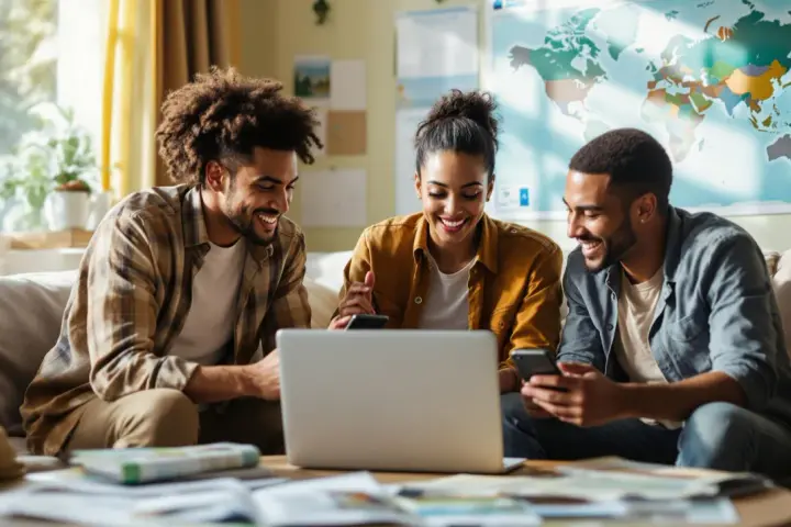 Trois jeunes adultes souriants regardent un ordinateur portable sur un canapé, une carte du monde au mur.