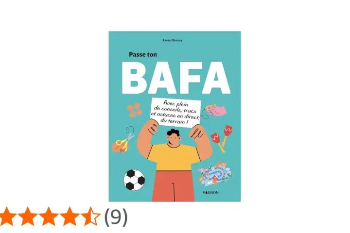 Illustration d'une couverture de livre "Passe ton BAFA" avec un personnage tenant une pancarte et des icônes d'activités.