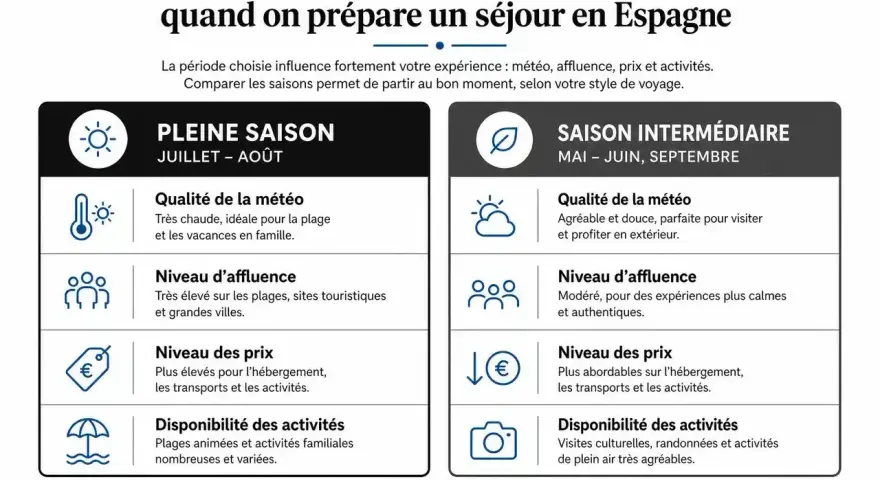 Tableau comparant la pleine saison (juillet-août) et la saison intermédiaire (mai-septembre) pour des vacances scolaires en Espagne, avec météo, affluence, prix et activités.