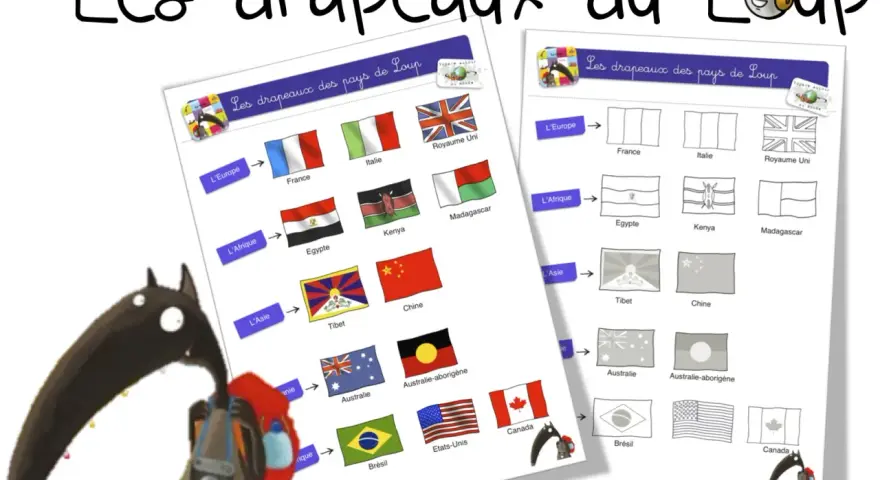 Un loup avec un sac à dos regarde des feuilles avec des drapeaux de pays et des versions à colorier.