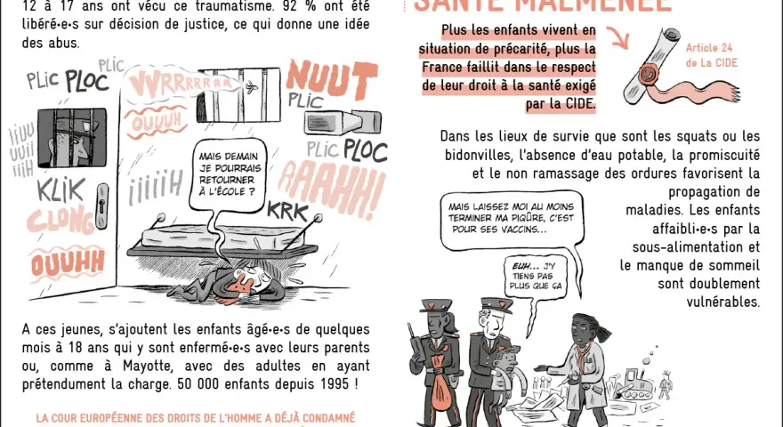 Dessin d'un enfant enfermé derrière des barreaux, puis allongé sur un lit de camp, entouré de sons et de cris.
