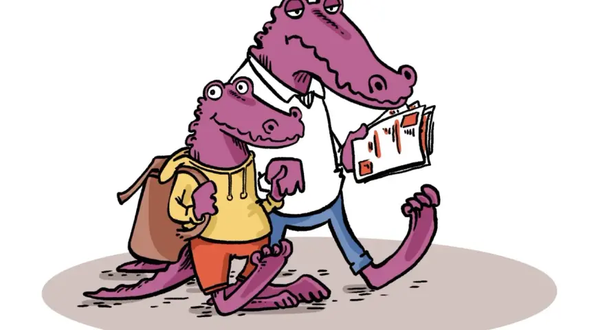 Deux crocodiles, un parent et un enfant, marchent ensemble. L'enfant porte un sac à dos, le parent lit un document, peut-être un certificat d'aptitude à la vie en collectivité modèle.