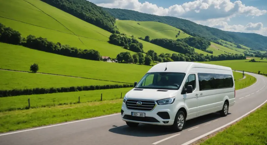 Minibus blanc sur une route de campagne verdoyante, avec des collines en arrière-plan.