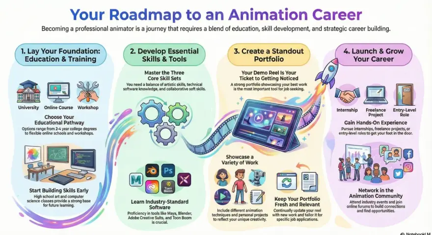 Infographie illustrant les 4 étapes pour une carrière en animation : formation, compétences, portfolio et lancement.