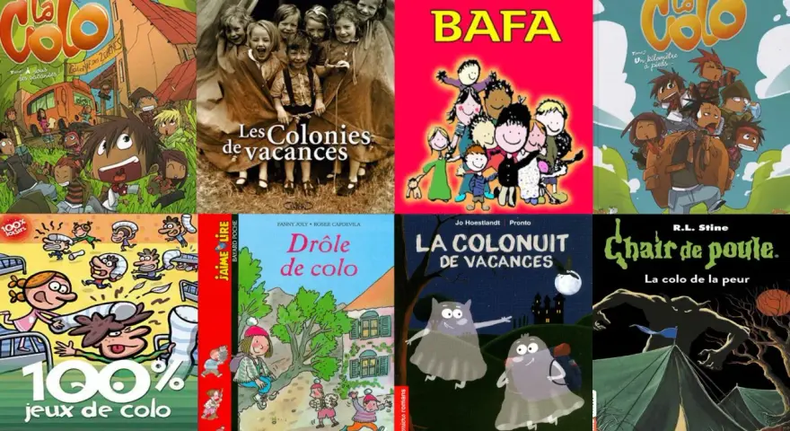 Bandes dessinées et livres pour enfants sur le thème des colonies de vacances, avec des illustrations variées allant de l'humour à l'effroi.