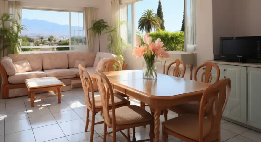 Un salon lumineux avec canapé, table à manger et vue sur les montagnes. Idéal pour imaginer comment partir en famille d'accueil.