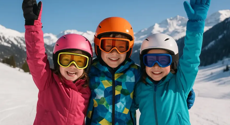 Trois enfants souriants, équipés pour le ski, célèbrent leurs vacances scolaires en Autriche. Leurs casques et lunettes colorés brillent sous le soleil.