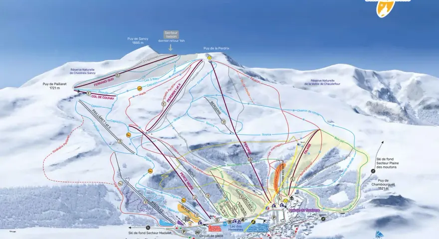 Carte des pistes de ski de Super Besse. Idéal pour savoir que faire à Super Besse sans neige : ski de fond, patinoire, centre ludo-sportif.