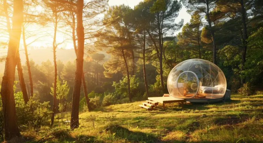 Cabane bulle transparente dans une forêt ensoleillée.