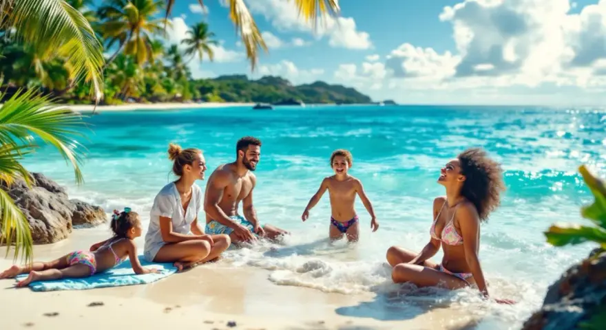Famille profitant d'un voyage mer paradisiaque, rires et soleil sur une plage tropicale aux eaux turquoise.