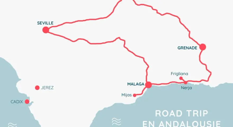 Carte d'un road trip en Andalousie avec les villes de Séville, Cordoue, Grenade, Malaga et Cadix.