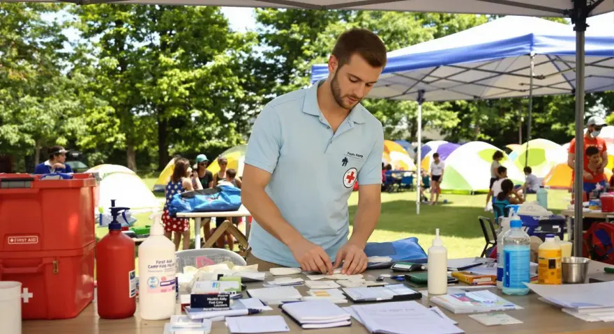 Un homme en polo bleu prépare du matériel médical sur une table, avec des tentes et des enfants en arrière-plan.