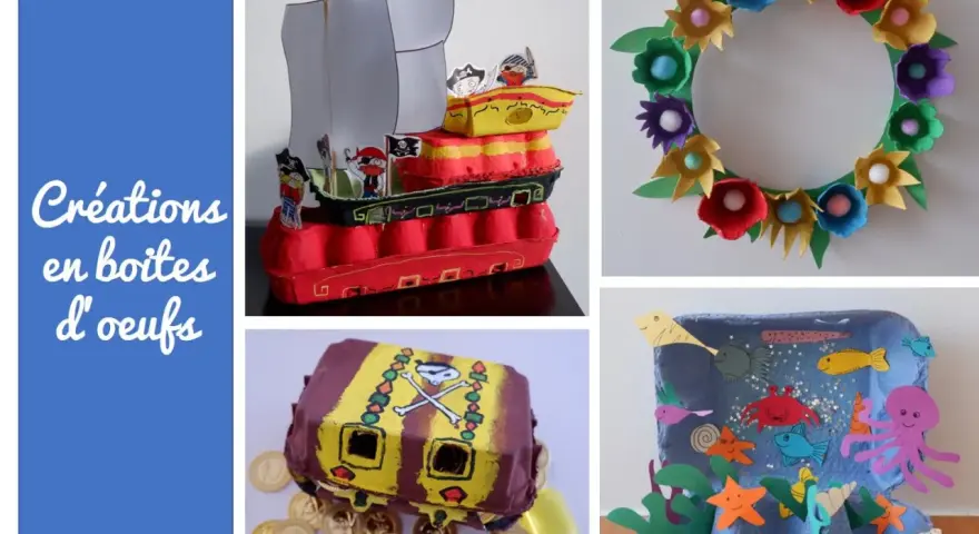 Collage de créations pour enfants en boîtes d'œufs : bateau pirate, couronne de fleurs, coffre au trésor et monde marin.